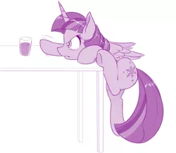 Size: 799x693 | Tagged: safe, artist:dstears, derpibooru import, twilight sparkle, twilight sparkle (alicorn), alicorn, pony, atg 2017, chocolate, chocolate milk, everything is ruined, eyes on the prize, food, frown, glare, meme, milk, monochrome, newbie artist training grounds, pure unfiltered evil, purple, reaching, solo, spilled milk, this will end in spilled milk, this will end in tears, underhoof