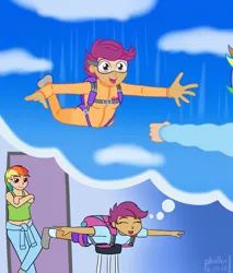 Size: 1180x1382 | Tagged: air ponyville, artist:phallen1, atg 2017, barstool, belly button, clothes, crossed arms, crossed legs, daydream, derpibooru import, falling, female, goggles, human, humanized, jumpsuit, leaning, newbie artist training grounds, open mouth, parachute, rainbow dash, reaching, safe, scootaloo, scootalove, sky, skydiving, stretching, tanktop