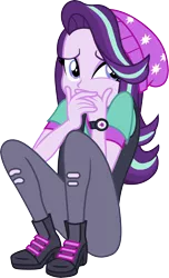 Size: 1554x2550 | Tagged: safe, artist:davidsfire, derpibooru import, starlight glimmer, equestria girls, mirror magic, spoiler:eqg specials, beanie, clothes, covering mouth, female, hat, hiding, high heels, pants, scared, scaredy glimmer, shirt, shoes, simple background, sitting, solo, transparent background, vector, vest, watch