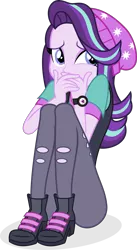 Size: 2095x3812 | Tagged: safe, artist:punzil504, derpibooru import, starlight glimmer, equestria girls, mirror magic, spoiler:eqg specials, adorasexy, beanie, clothes, covering mouth, cute, female, hat, hiding, high heels, looking back, pants, scared, scaredy glimmer, sexy, shirt, shoes, simple background, sitting, solo, transparent background, vector, vest, watch, wristwatch