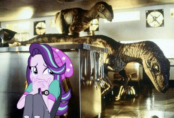 Size: 598x406 | Tagged: semi-grimdark, derpibooru import, edit, starlight glimmer, dinosaur, velociraptor, equestria girls, mirror magic, spoiler:eqg specials, covering mouth, hiding, image macro, jurassic park, meme, scaredy glimmer