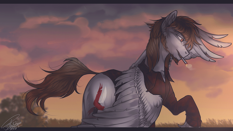 Size: 1366x768 | Tagged: safe, artist:orfartina, derpibooru import, oc, unofficial characters only, pegasus, pony, beard, cigarette, clothes, facial hair, male, shirt, solo, stallion