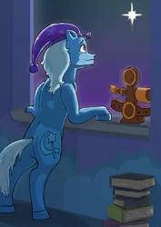 Size: 900x1273 | Tagged: safe, artist:animatorwil, derpibooru import, trixie, pony, unicorn, bipedal, bipedal leaning, female, hat, leaning, mare, night, nightcap, sextant, solo, stars, window