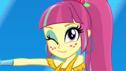 Size: 1280x718 | Tagged: safe, derpibooru import, screencap, sour sweet, dance magic, equestria girls, spoiler:eqg specials, cute, ear piercing, earring, jewelry, one eye closed, piercing, solo, sourbetes, wink