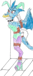 Size: 869x1963 | Tagged: artist:godzilla713, bondage, bound wings, breasts, derpibooru import, dragon, female, gag, high heels, playboy bunny, princess ember, shoes, solo, suggestive, tape gag, tied up, traditional art
