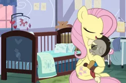 Size: 1099x727 | Tagged: artist needed, baby, baby discord, baby draconequus, comforting, derpibooru import, discord, fluttermom, fluttershy, mama fluttershy, sad, safe