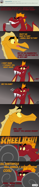 Size: 670x3181 | Tagged: artist:queencold, ask, ask caldera, comic, derpibooru import, dialogue, dragon, dragoness, dragon oc, duo, female, garble, male, mother, mother and son, oc, oc:caldera, safe, smoke, sniffing, swearing, sweat, sweatdrop, teenaged dragon, tumblr, vulgar