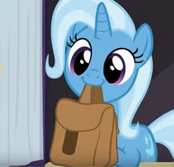 Size: 571x550 | Tagged: safe, derpibooru import, screencap, trixie, pony, unicorn, to where and back again, cropped, cute, diatrixes, female, mare, mouth hold, solo, to saddlebags and back again