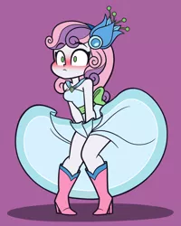 Size: 1600x2000 | Tagged: safe, artist:khuzang, derpibooru import, sweetie belle, equestria girls, make new friends but keep discord, adorable face, blushing, boots, clothes, covering, cute, diasweetes, dress, embarrassed, female, flower, flower in hair, gala dress, high heel boots, marilyn monroe, older, older sweetie belle, purple background, shoes, simple background, skirt, skirt flip, solo, the seven year itch, thighs