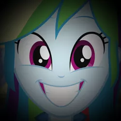 Size: 720x720 | Tagged: safe, derpibooru import, edit, edited screencap, screencap, rainbow dash, equestria girls, pinkie on the one, rainbow rocks, creepy, cropped, grin, smiling, solo