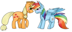 Size: 1200x540 | Tagged: safe, artist:yourbestnightmaree, derpibooru import, applejack, rainbow dash, earth pony, pegasus, pony, appledash, blushing, female, lesbian, mare, shipping, simple background, transparent background