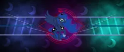 Size: 2560x1080 | Tagged: safe, artist:laszlvfx, artist:pantera000, derpibooru import, edit, princess luna, alicorn, pony, female, looking at you, mare, raised hoof, smiling, solo, vector, wallpaper, wallpaper edit