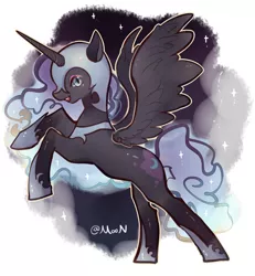 Size: 3743x4043 | Tagged: safe, artist:crazymoon, derpibooru import, nightmare moon, alicorn, pony, armor, looking at you, moonabetes, pixiv, rearing, smiling, solo, spread wings, stars, wings