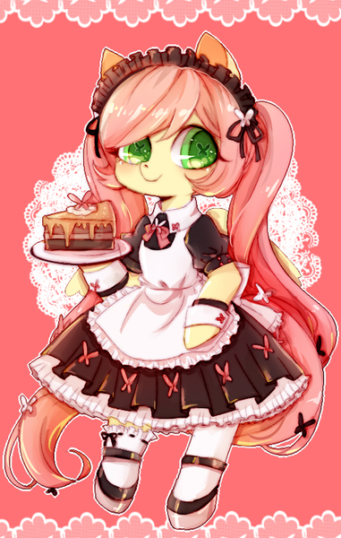 Size: 540x850 | Tagged: safe, artist:momocritcrucifix, derpibooru import, fluttershy, pony, bipedal, cake, clothes, cute, dress, food, lolita fashion, shyabetes, socks, solo, wingding eyes