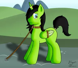 Size: 2262x1974 | Tagged: safe, artist:virgil green, derpibooru import, oc, oc:virgil green, unofficial characters only, alicorn, pony, alicorn oc, belt, bondage, bound wings, collar, green, horn ring, leash, magic suppression, male, pet, shadow, slave, solo, stallion, tether