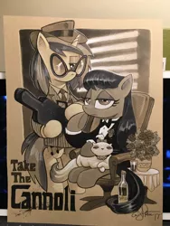 Size: 1536x2048 | Tagged: andy you magnificent bastard, artist:andypriceart, derpibooru import, mafia, mafia octavia, octavia melody, opalescence, safe, the godfather, traditional art, vinyl scratch