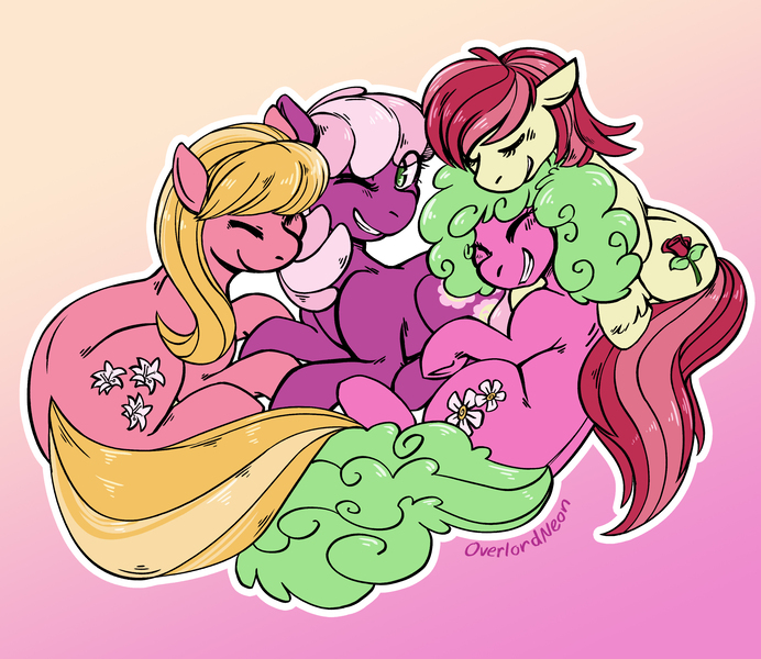 Size: 3000x2601 | Tagged: safe, artist:overlordneon, derpibooru import, cheerilee, daisy, flower wishes, lily, lily valley, roseluck, earth pony, pony, cheerily, cheerirose, cheerithree, cheeriwishes, cuddle puddle, cuddling, female, flower trio, gradient background, lesbian, lilywishes, mare, one eye closed, polyamory, pony pile, roselily, rosewishes, shipping