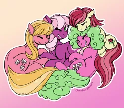 Size: 3000x2601 | Tagged: safe, artist:overlordneon, derpibooru import, cheerilee, daisy, flower wishes, lily, lily valley, roseluck, earth pony, pony, cheerily, cheerirose, cheerithree, cheeriwishes, cuddle puddle, cuddling, female, flower trio, gradient background, lesbian, lilywishes, mare, one eye closed, polyamory, pony pile, roselily, rosewishes, shipping