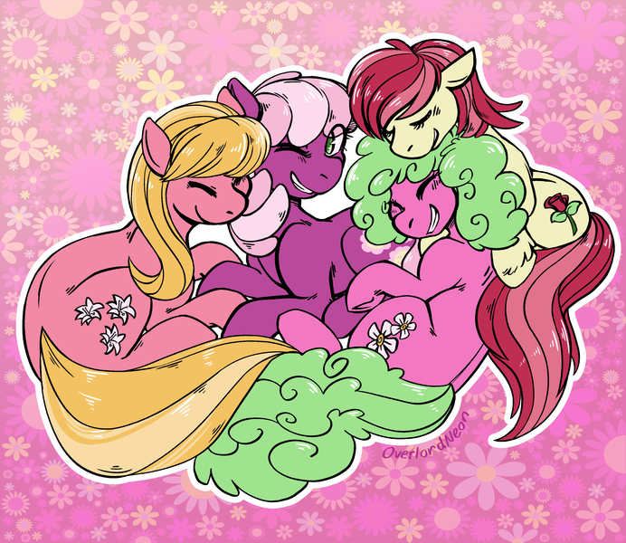 Size: 3000x2601 | Tagged: safe, artist:overlordneon, derpibooru import, cheerilee, daisy, flower wishes, lily, lily valley, roseluck, earth pony, pony, cheerily, cheerirose, cheerithree, cheeriwishes, cuddling, female, flower trio, gradient background, lesbian, lilywishes, mare, one eye closed, polyamory, roselily, rosewishes, shipping