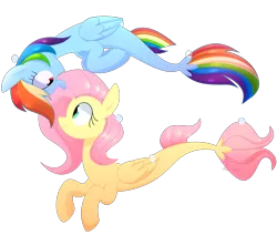 Size: 2502x2125 | Tagged: safe, artist:yaaaco, derpibooru import, fluttershy, rainbow dash, seapony (g4), my little pony: the movie, duo, female, flutterdash, lesbian, seaponified, seapony fluttershy, seapony rainbow dash, shipping, simple background, species swap, transparent background