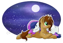 Size: 2788x1924 | Tagged: safe, artist:ruushiicz, derpibooru import, oc, unofficial characters only, pegasus, pony, unicorn, blushing, cuddling, cute, female, full moon, male, mare, moon, night, oc x oc, prone, shipping, stallion, stars, straight