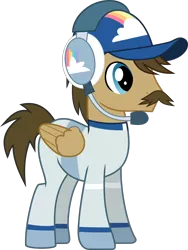 Size: 1032x1373 | Tagged: safe, artist:frownfactory, derpibooru import, pegasus, pony, rainbow falls, .svg available, background pony, baseball cap, blue eyes, brown hair, brown mane, brown tail, cap, clothes, facial hair, hat, headphones, headset, male, moustache, simple background, solo, stallion, svg, transparent background, vector, wings