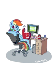 Size: 1500x2000 | Tagged: safe, artist:cake-jam, derpibooru import, rainbow dash, pegasus, pony, chair, coke, computer, desk, foam finger, one eye closed, simple background, sitting, soda, solo, thumbs up, transparent background, wink