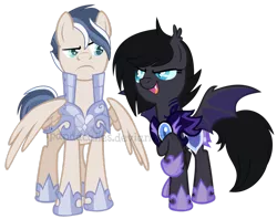 Size: 1024x812 | Tagged: safe, artist:equestria-prevails, artist:ipandacakes, derpibooru import, oc, oc:ice lance, oc:raven shadow, unofficial characters only, bat pony, pegasus, pony, armor, base used, female, grin, male, mare, night guard, open mouth, raised leg, simple background, smiling, stallion, transparent background