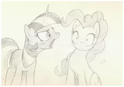 Size: 1008x713 | Tagged: safe, artist:sherwoodwhisper, derpibooru import, pinkie pie, twilight sparkle, earth pony, pony, unicorn, duo, grayscale, monochrome, open mouth, pencil drawing, shout, simple background, traditional art, yelling