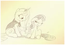 Size: 1186x837 | Tagged: safe, artist:sherwoodwhisper, derpibooru import, sweetie belle, oc, oc:eri, pony, unicorn, bruised, cape, clothes, female, floppy ears, healing, lip bite, magic, mare, monochrome, traditional art