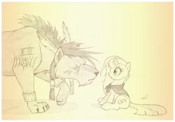 Size: 1073x750 | Tagged: safe, artist:sherwoodwhisper, derpibooru import, oc, oc:eri, unofficial characters only, pony, unicorn, cape, clothes, duo, female, final fantasy, final fantasy vii, male, mare, monochrome, nanaki, red xiii, traditional art