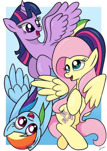 Size: 2480x3507 | Tagged: safe, artist:twidasher, derpibooru import, fluttershy, rainbow dash, twilight sparkle, twilight sparkle (alicorn), alicorn, pony, female, flutterdash, lesbian, shipping, twidash, twishy