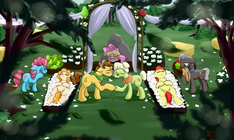 Size: 1800x1080 | Tagged: safe, artist:phuocthiencreation, derpibooru import, bright mac, burnt oak, cup cake, grand pear, granny smith, mayor mare, pear butter, earth pony, pony, the perfect pear, alternate timeline, apple, applejack's parents, bad end, brightbutter, casket, chiffon swirl, coffin, commission, crying, dead, dead parents, equestria is doomed, father and daughter, feels, female, flower, food, fridge horror, funeral, male, mare, mother and child, mother and son, non-dyed mayor, pear, reconciliation, rock, romeo and juliet, sad, shipping, stallion, straight, this ended in tears, xk-class end-of-the-world scenario, younger