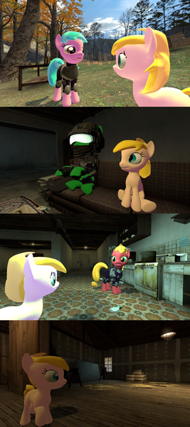 Size: 1920x4320 | Tagged: safe, artist:soad24k, derpibooru import, oc, oc:chipper leaf, oc:flash bang, oc:green, oc:macalin, unofficial characters only, earth pony, pony, 3d, cyoa, cyoa:filly adventure, female, filly, gmod