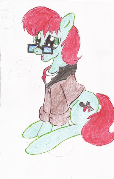 Size: 1404x2200 | Tagged: safe, artist:wyren367, derpibooru import, oc, oc:scratch build, unofficial characters only, earth pony, pony, clothes, confused, glasses, jacket, male, open mouth, simple background, sitting, stallion, traditional art, white background