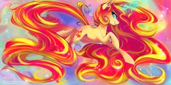 Size: 3464x1732 | Tagged: safe, artist:wilvarin-liadon, derpibooru import, sunset shimmer, pony, unicorn, :t, abstract background, color porn, female, glowing horn, impossibly large mane, impossibly large tail, impossibly long mane, impossibly long tail, jumping, lidded eyes, long mane, magic, mare, smiling, solo