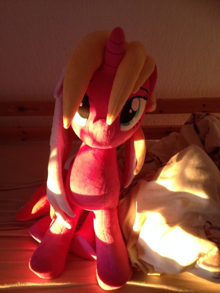 Size: 2448x3264 | Tagged: safe, artist:nazegoreng, derpibooru import, oc, oc:starsweep sweetsky, unofficial characters only, pony, bed, bedsheets, irl, looking at you, photo, plushie, sunshine