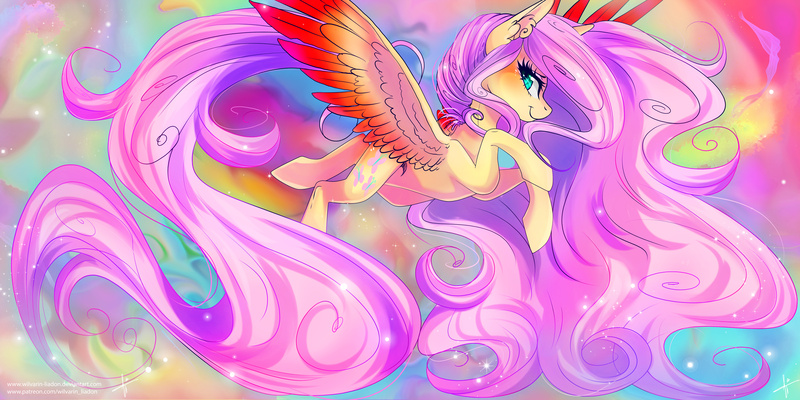 Size: 3464x1732 | Tagged: safe, artist:wilvarin-liadon, derpibooru import, fluttershy, pegasus, pony, abstract background, color porn, colored wings, female, long mane, long tail, looking at you, mare, multicolored wings, profile, smiling, solo, spread wings, wallpaper, wings