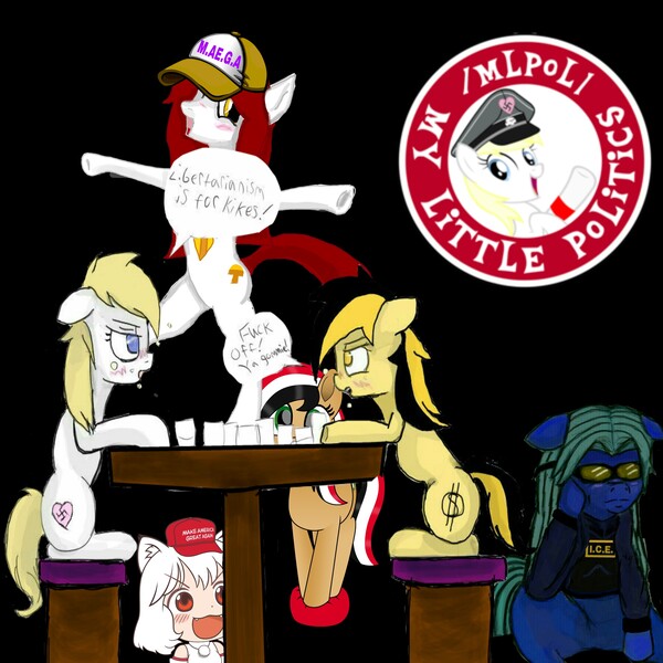 Size: 2289x2289 | Tagged: safe, artist:anonymous, derpibooru import, oc, oc:aryanne, oc:leslie fair, oc:mai gaia, oc:paula ice, oc:syriana, unofficial characters only, pony, /mlpol/, alcohol, anarcho-capitalism, awoo, drinking, drunk, nazi