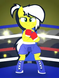 Size: 1200x1600 | Tagged: safe, alternate version, artist:toyminator900, derpibooru import, oc, oc:uppercute, unofficial characters only, earth pony, pony, bipedal, boxing, boxing gloves, clothes, freckles, midriff, solo, sports bra