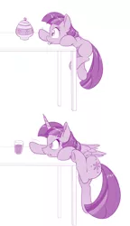 Size: 800x1386 | Tagged: safe, artist:dstears, derpibooru import, twilight sparkle, twilight sparkle (alicorn), alicorn, pony, unicorn, art, chocolate, chocolate milk, cookie, cookie jar, cute, everything is ruined, female, filly, filly twilight sparkle, food, hnnng, image, mare, milk, monochrome, png, pure unfiltered evil, purple, purple smart, reaching, table, tongue out, twiabetes, twilight stealing a cookie, unicorn twilight, younger