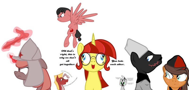 Size: 4548x2164 | Tagged: safe, artist:aaronmk, derpibooru import, oc, oc:lefty pony, oc:posada, unofficial characters only, earth pony, merpony, pegasus, pony, unicorn, zebra, anarchy, bolshevik, clothes, communism, faic, female, free territory, hat, ice pick, jason unruhe, magic, male, mare, politics, posadism, quadrupedal, rosa luxembourg, scar, sectarianism, simple background, socialism, stallion, text, white background