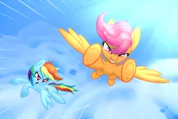 Size: 2100x1400 | Tagged: safe, artist:zolfyyy, derpibooru import, rainbow dash, scootaloo, pegasus, pony, badass, badass adorable, coming at you, cute, duo, flying, scootaloo can fly