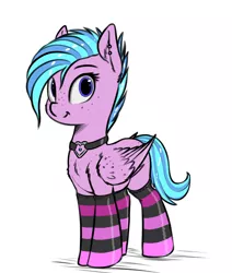 Size: 1214x1430 | Tagged: safe, artist:shydale, derpibooru import, oc, oc:apriori, unofficial characters only, pegasus, pony, choker, clothes, ear piercing, female, freckles, mare, piercing, smiling, socks, solo, striped socks, teenager