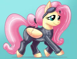 Size: 1035x800 | Tagged: safe, artist:hornbuckle, derpibooru import, fluttershy, pegasus, pony, rubber pony, female, goggles, latex, mare, rubber, shiny, solo, stealth suit, walking