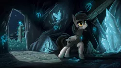 Size: 1920x1080 | Tagged: safe, artist:phenya, derpibooru import, oc, oc:top hat, unofficial characters only, pony, cave, crystal, mysterious, night, shadow, solo