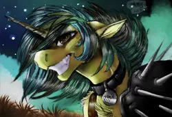 Size: 3684x2526 | Tagged: safe, artist:brainiac, derpibooru import, oc, oc:piper, unofficial characters only, unicorn, armor, chest fluff, clothes, collar, evil grin, fangs, female, floppy ears, grin, leather, mare, name tag, pet collar, raider, raider armor, scar, screws, shoulder fluff, smiling, solo, spiked armor, spikes, text