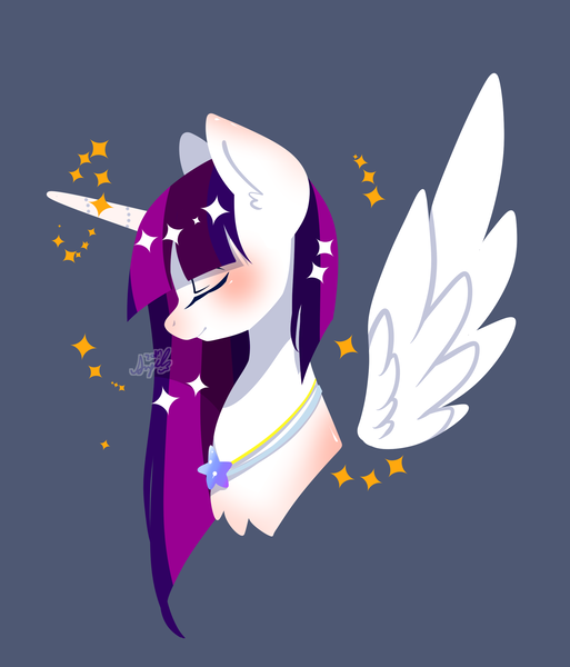 Size: 2265x2648 | Tagged: safe, artist:snow angel, derpibooru import, oc, oc:twily star, unofficial characters only, alicorn, pony, alicorn oc, eyes closed, female, mare, simple background, smiling, solo