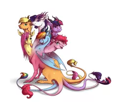 Size: 1379x1139 | Tagged: appleflaritwidashpie, applejack, artist:28gooddays, chimera, derpibooru import, dragon, dragonified, dragon wings, ear fluff, fangs, fluttershy, fusion, hydra, hydrafied, legendary creature, looking at you, mane six, mane six hydra, multiple heads, multiple horns, multiple tails, pinkie pie, rainbow dash, rarity, safe, simple background, sitting, six heads, species swap, tiamat, twilight sparkle, we have become one, white background, wings