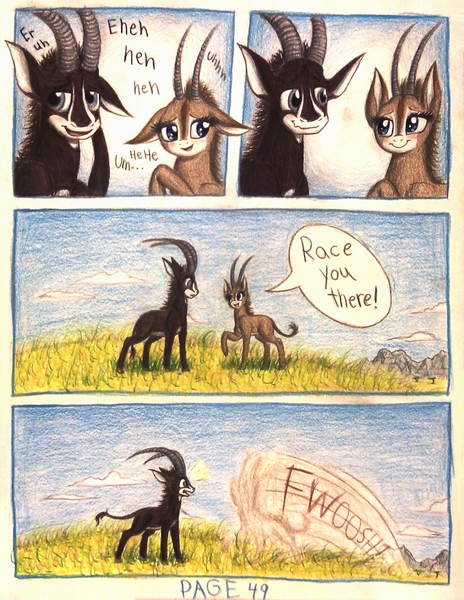 Size: 1076x1392 | Tagged: acacia tree, africa, animal in mlp form, antelope, artist:thefriendlyelephant, bashful, blushing, cloud, cloven hooves, comic, comic:sable story, cute, derpibooru import, dust, embarrassed, fwoosh, giant sable antelope, grass, horns, mountain, oc, oc:sabe, oc:uganda, safe, savanna, shipping, speech bubble, speed lines, surprised, traditional art, unofficial characters only